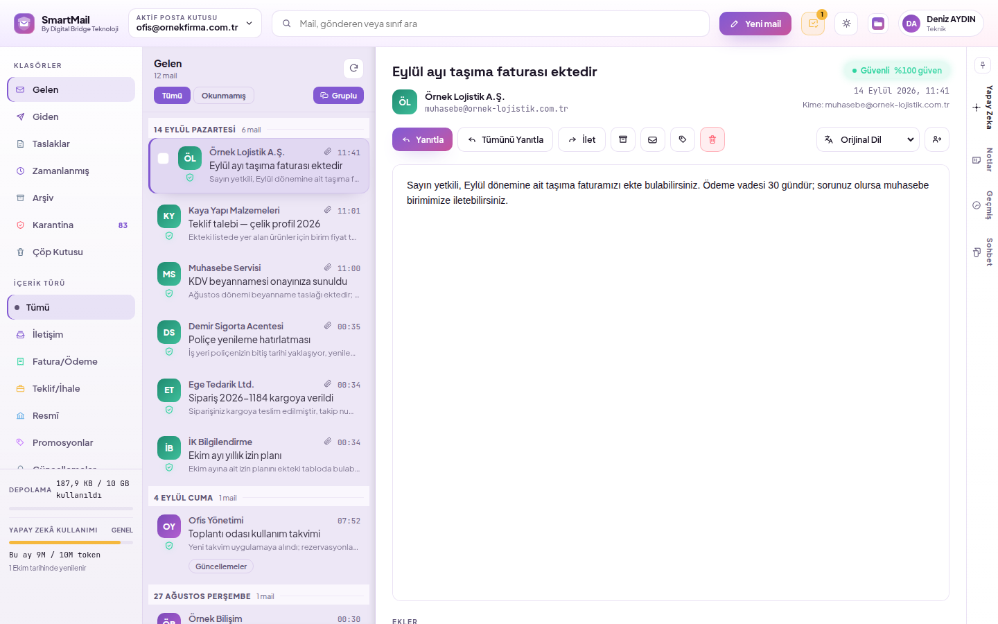 SmartMail inbox: email classified by content type, trust labels, storage and AI usage
